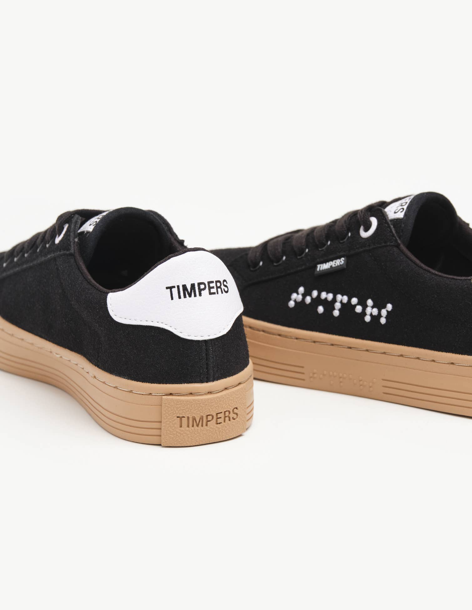 Timpers - Wholesale Lifestyle Sneakers - Unisex - Black Sneakers with Brown Sole | Vegan & Braille Detail3