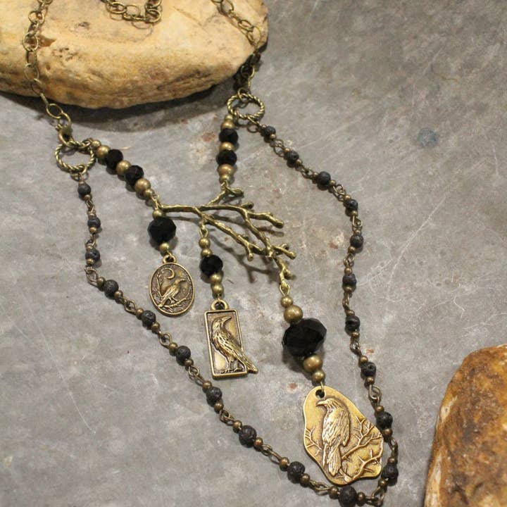 Ravens In The Night Sky Charm'd Necklace for wholesale by The Primitive Peddler, Inc.