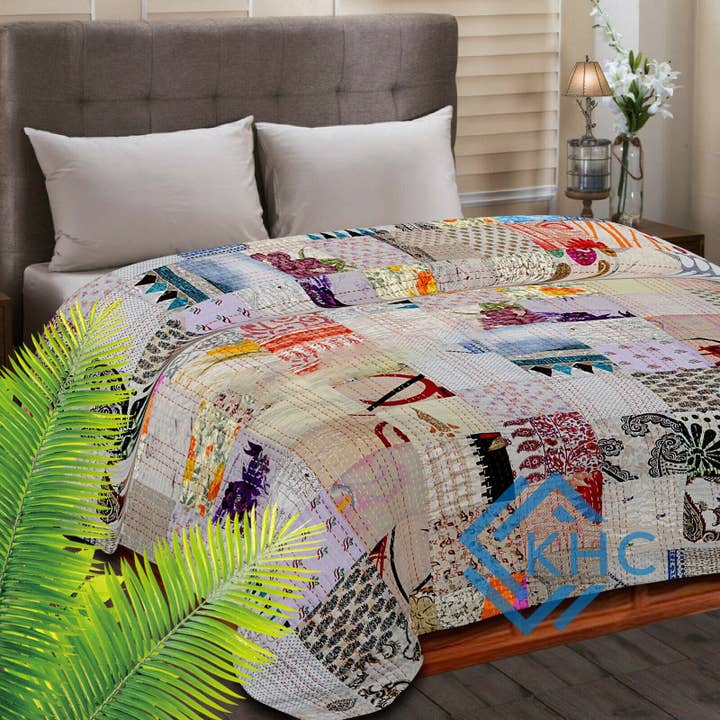 KHC - Wholesale Quilt - White Boho Chic Silk Patchwork Quilt Colorful Eclectic Design Room Decor