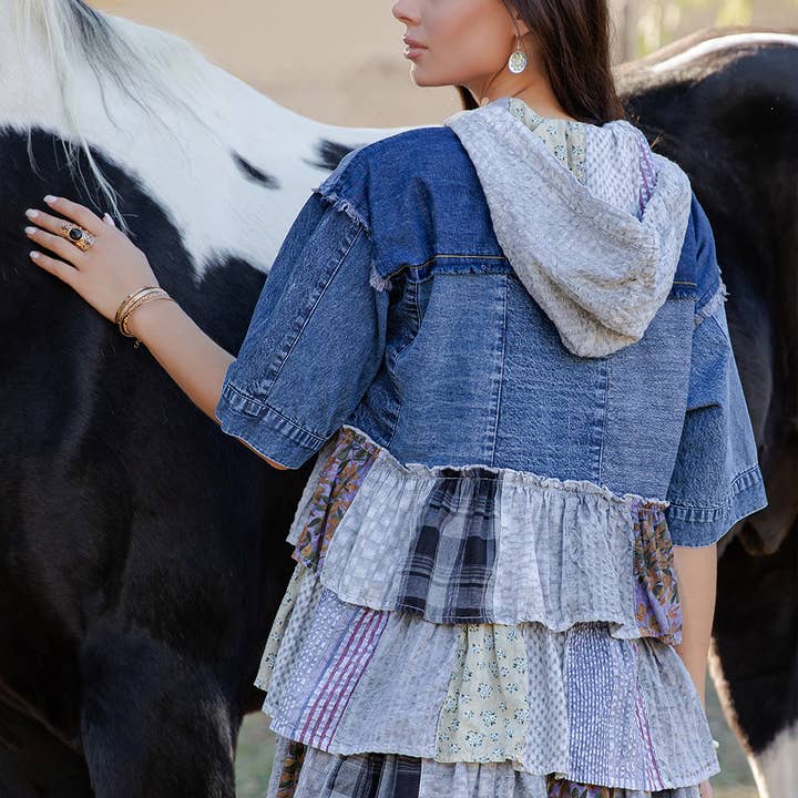 Young Threads - Wholesale Blouse - Women's - Front-Open Hooded Denim Shirt with Playful Mixed Ruffles
11