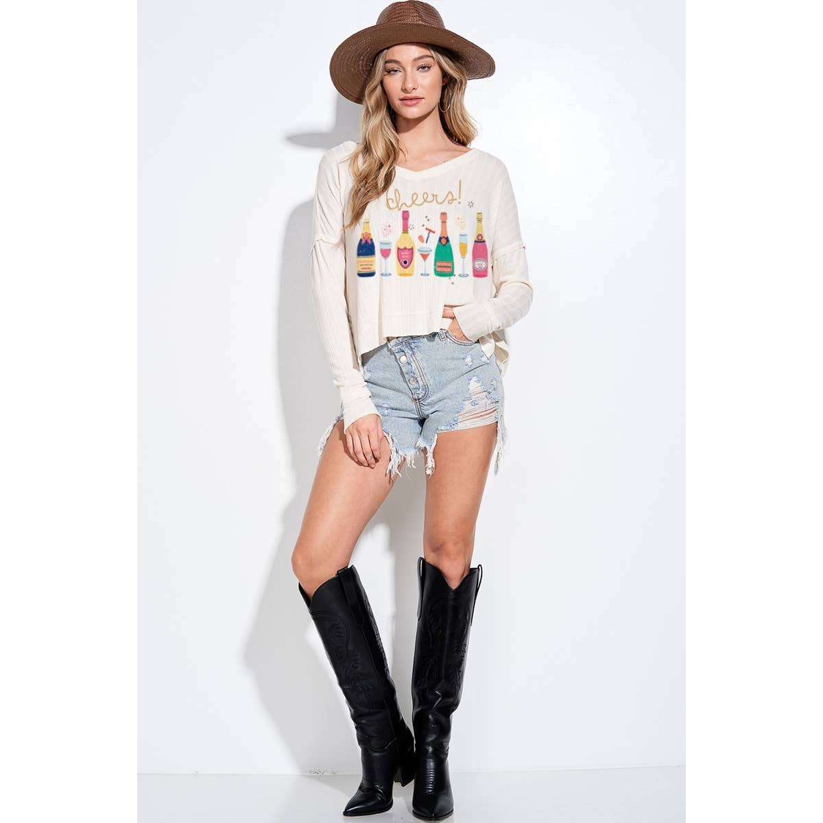 Phil Love – Großhandel T-Shirt mit Siebdruck – Damen – Feiertags-Champagnerflaschen-Langarmshirt mit V-Ausschnitt 3