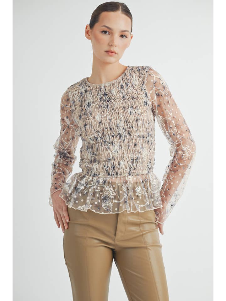 cream Sheer Smocked Embroidered Mesh Peplum Top for wholesale on Faire11