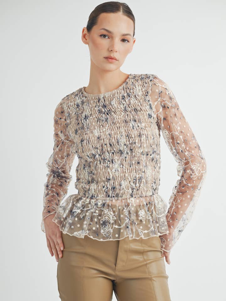 Sheer Smocked Embroidered Mesh Peplum Top for wholesale by AIBLEE