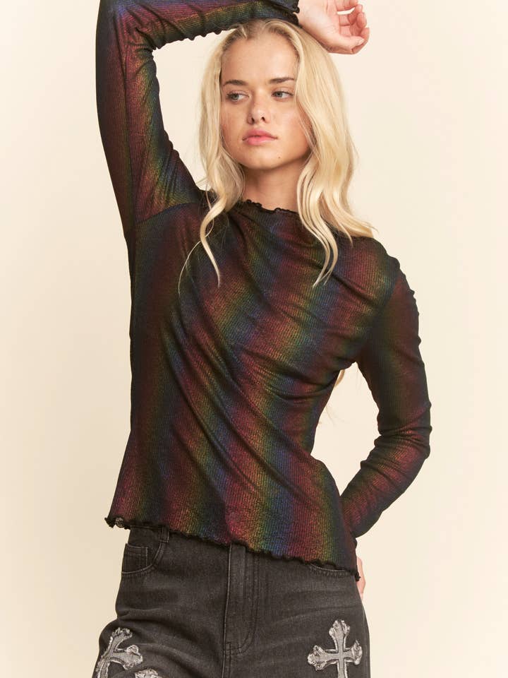 METALLIC RIBBED MOCK NECK MESH TOP for wholesale by Davi & Dani