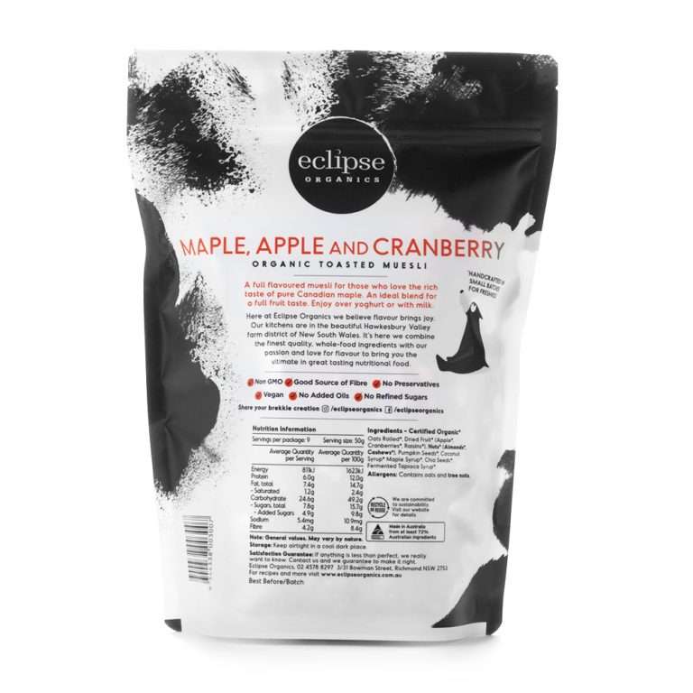 Eclipse Organics - Wholesale Breakfast cereal - Organic Toasted Muesli - Maple Apple and Cranberry1