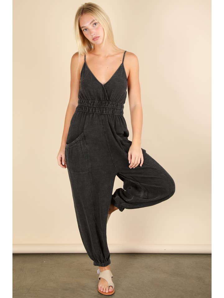 VERY J - Wholesale Jumpsuit - Women's - NP70837-Mineral Washed Cotton Gauze Casual Jumpsuit