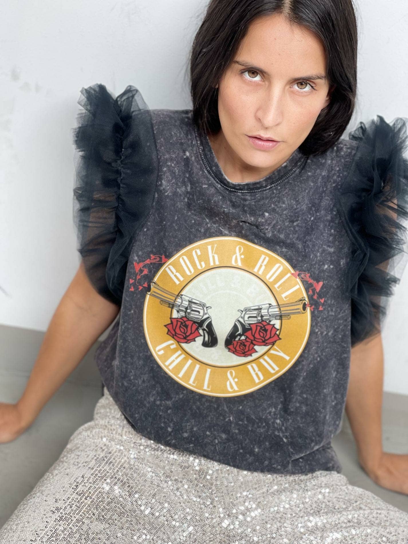 Black Washed Tulle Multiple Pink T-Shirt for wholesale on Faire2