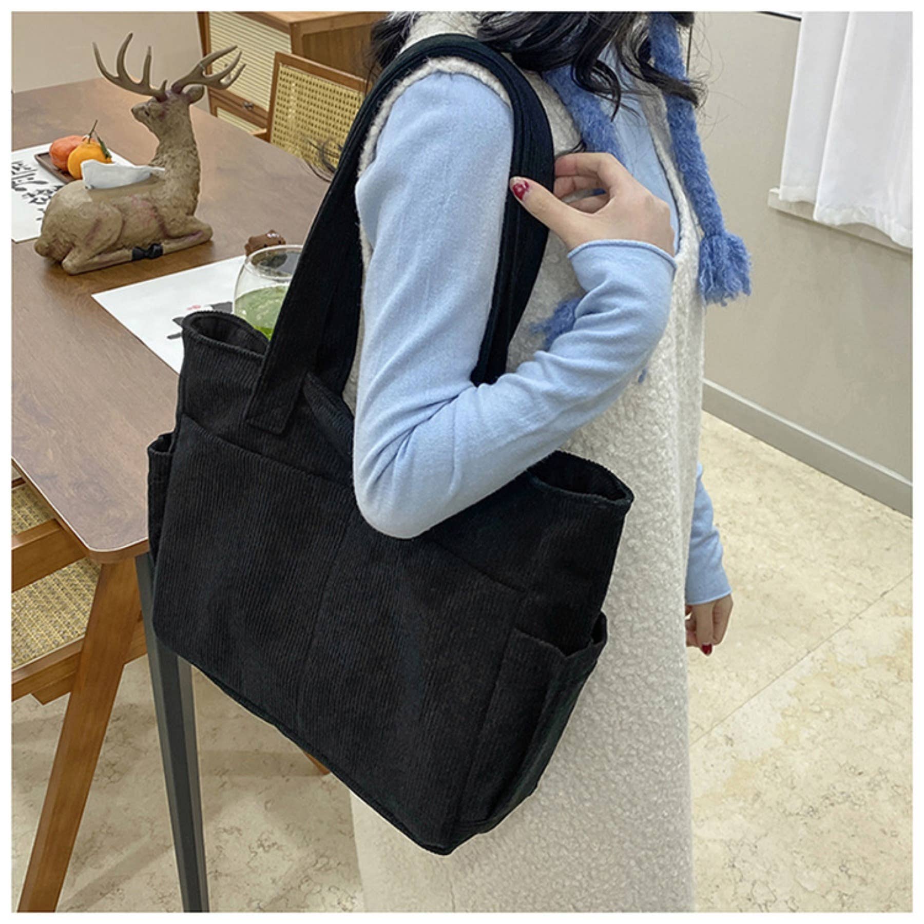 wandf - Wholesale Shoulder Bag - Women's - Casual Solid Color Corduroy Zippered Shoulder Bag Tote29