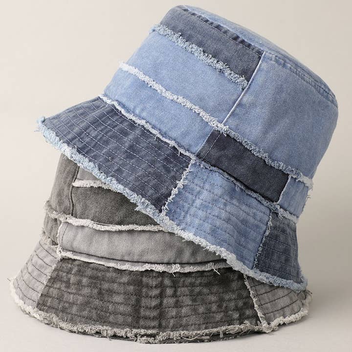 Fashion City - Wholesale Bucket Hat - Women's - Frayed Patchwork Canvas Denim Bucket Hat