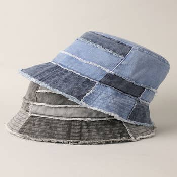 Washed Denim Checkerboard Pattern Flat Top Foldable Bucket Hat