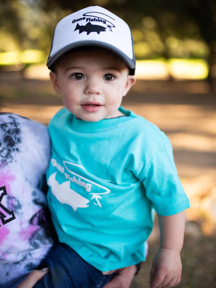 Aqua with White Gone Fishing Toddler Shirt for wholesale by Outdoorable Apparel