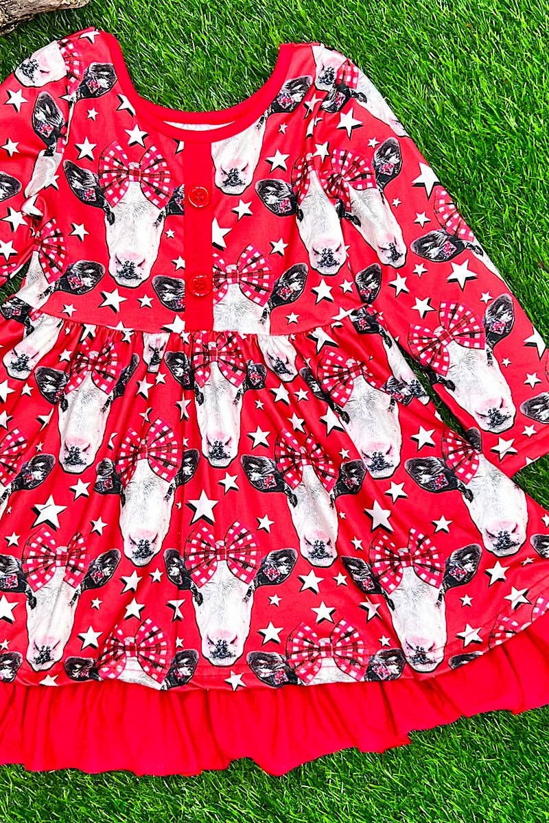 Kids Charm Online - Wholesale Dress - Kids - Red cow printed ruffle trim dress. DRG651522064-AMY1