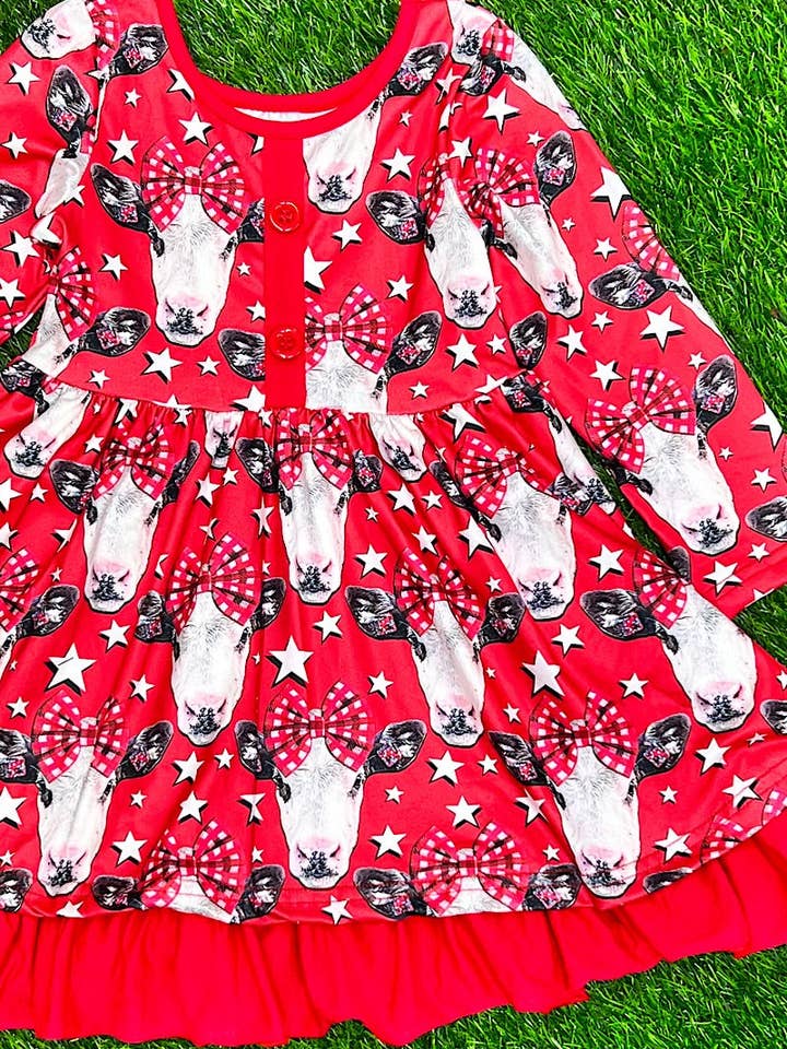 Kids Charm Online - Wholesale Dress - Kids - Red cow printed ruffle trim dress. DRG651522064-AMY1