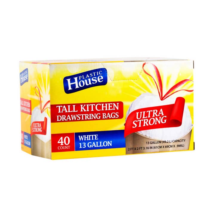 13 Gallon Drawstring Trash Bags White Can Liner Kitchen 40ct for wholesale by HomeyGear