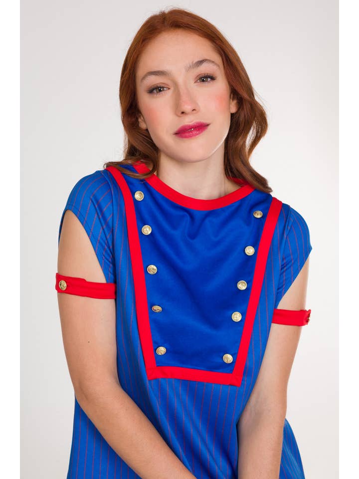 Black Flamingo - Vendita all'ingrosso Vestito - Donna - Abito corto alla marinara Navia con gessato e bottoni, blu e rosso