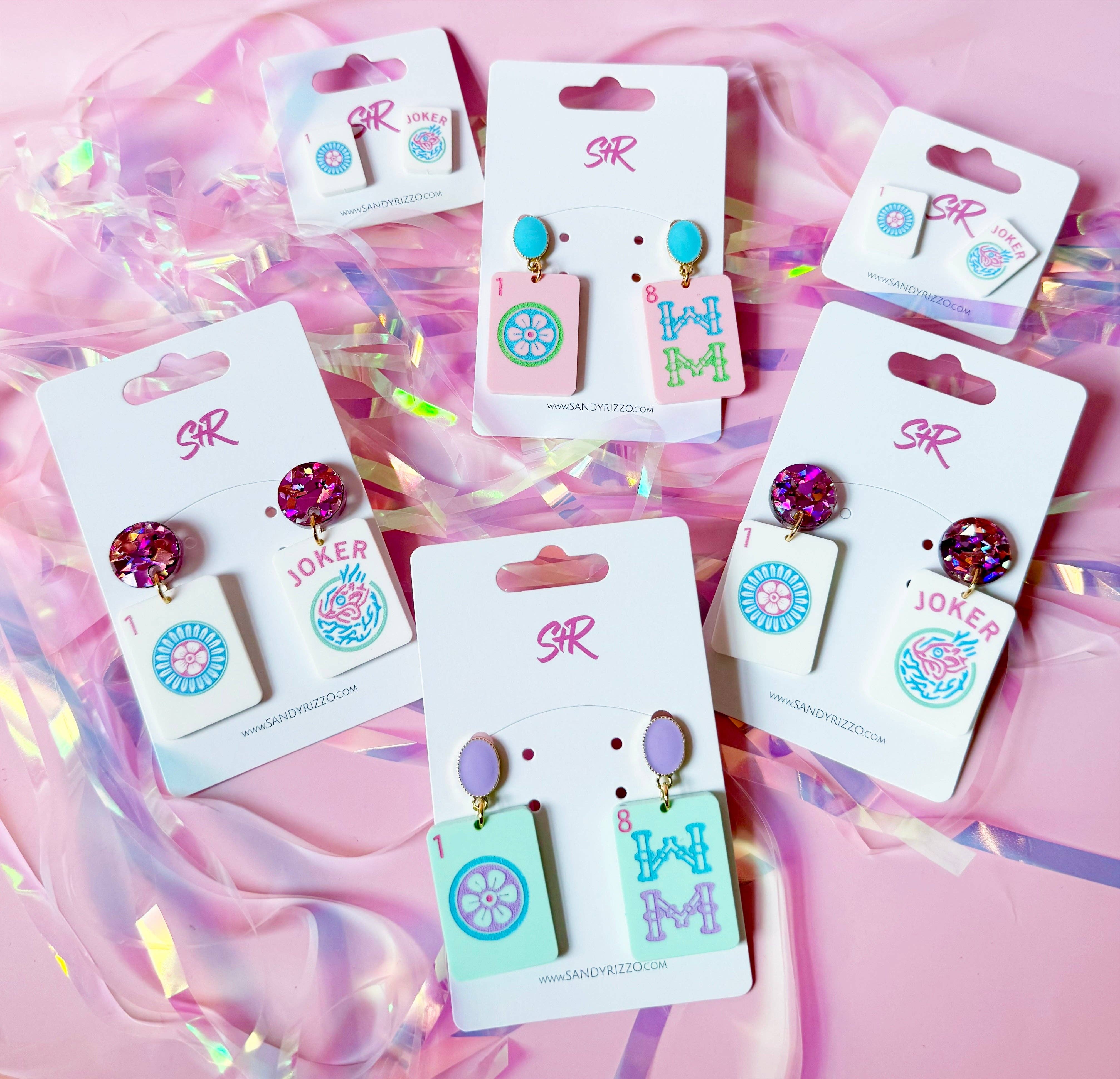 Sandy + Rizzo - Vente Boucles d'oreilles pendantes - Boucles d'oreilles pendantes en acrylique Mahjong de fête8