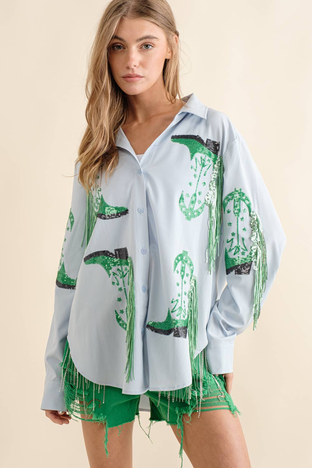 Blue B - Wholesale Button Down Shirt - Women's - 32615T - Western Cowboy Fringe Boots Shirt0