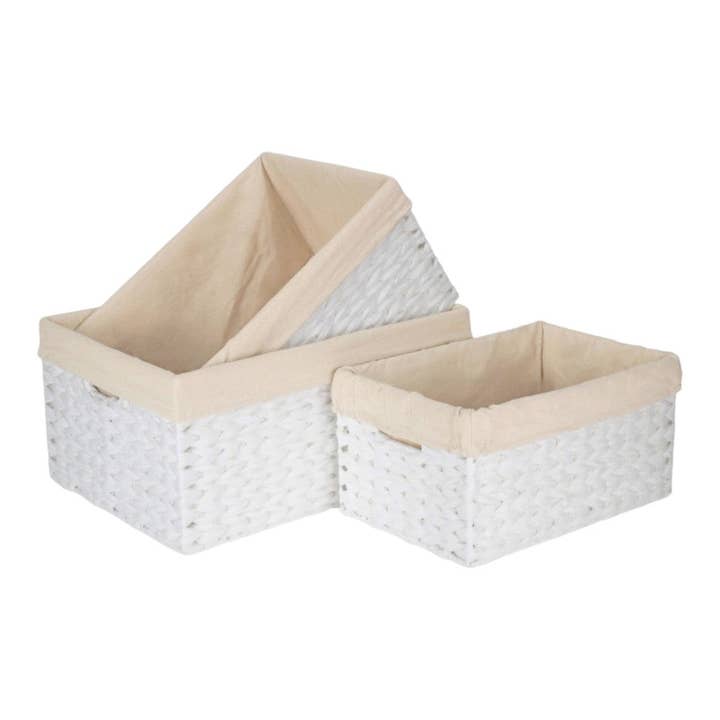Panier de rangement rectangulaire en corde blanche avec doublure en coton blanc pour la vente par Red Hamper