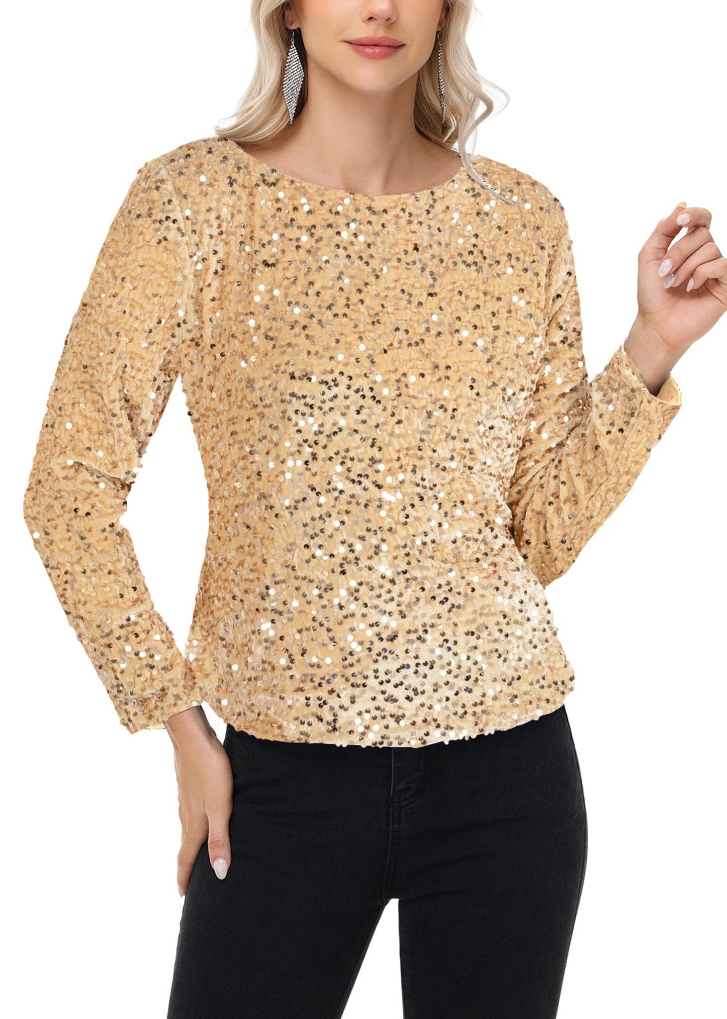Anna Kaci Wholesale - Wholesale Blouse - Women's - Long Sleeve Sequin Tops Sparkly Glitter Evening Party19