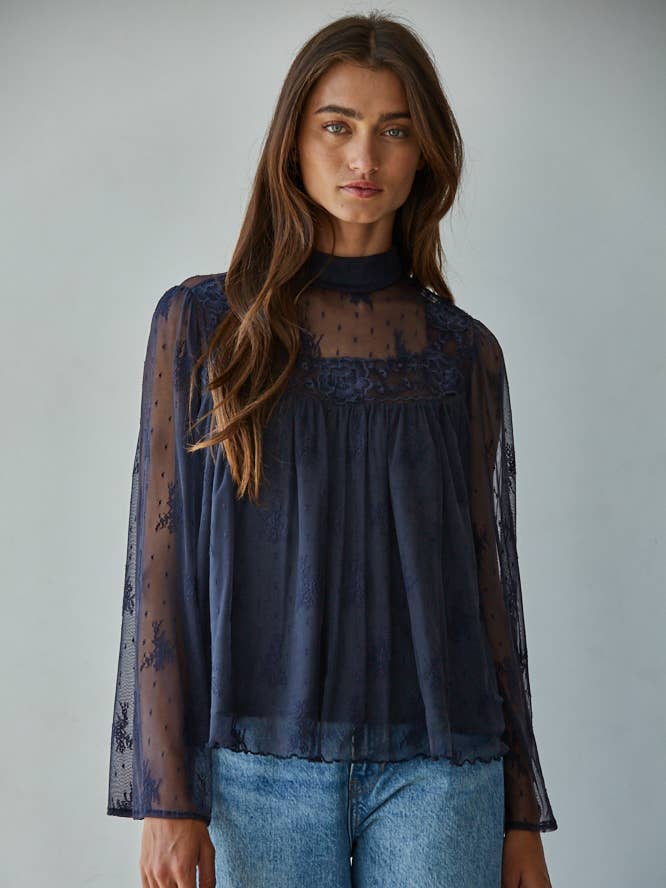 L8793 | Woven Nylon Lace Mock Neck Long Bell Sleeve Blouse for wholesale by By Together