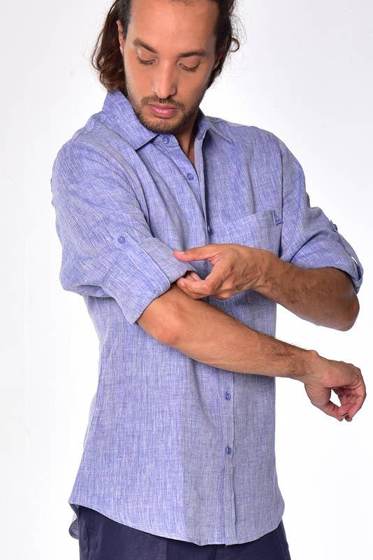 Azucar & Bohio - Vente Chemise à col boutonné – homme - Chemise en lin 100 % à manches longues retroussables, douce au toucher17