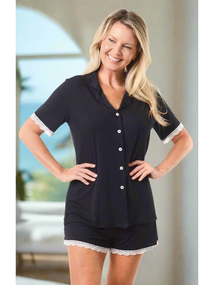 Shapeez - Vente Haut et bas de pyjama – femme - Ensemble de pyjama court en bambou pour femmes avec dentelle11