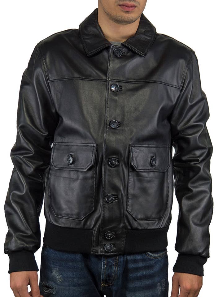 U03 - Blouson aviateur en cuir pour homme avec boutons noirs doux pour la vente par Michelangelo srls