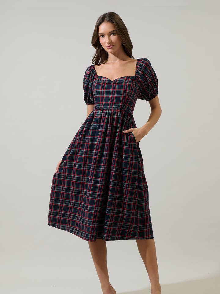 Abito midi con maniche a sbuffo in tartan Arvada Alessi per la vendita all'ingrosso da parte di Sugarlips