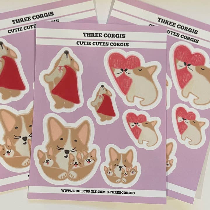 CUTIE CUTES CORGI STICKER SHEET for wholesale by Three Corgis