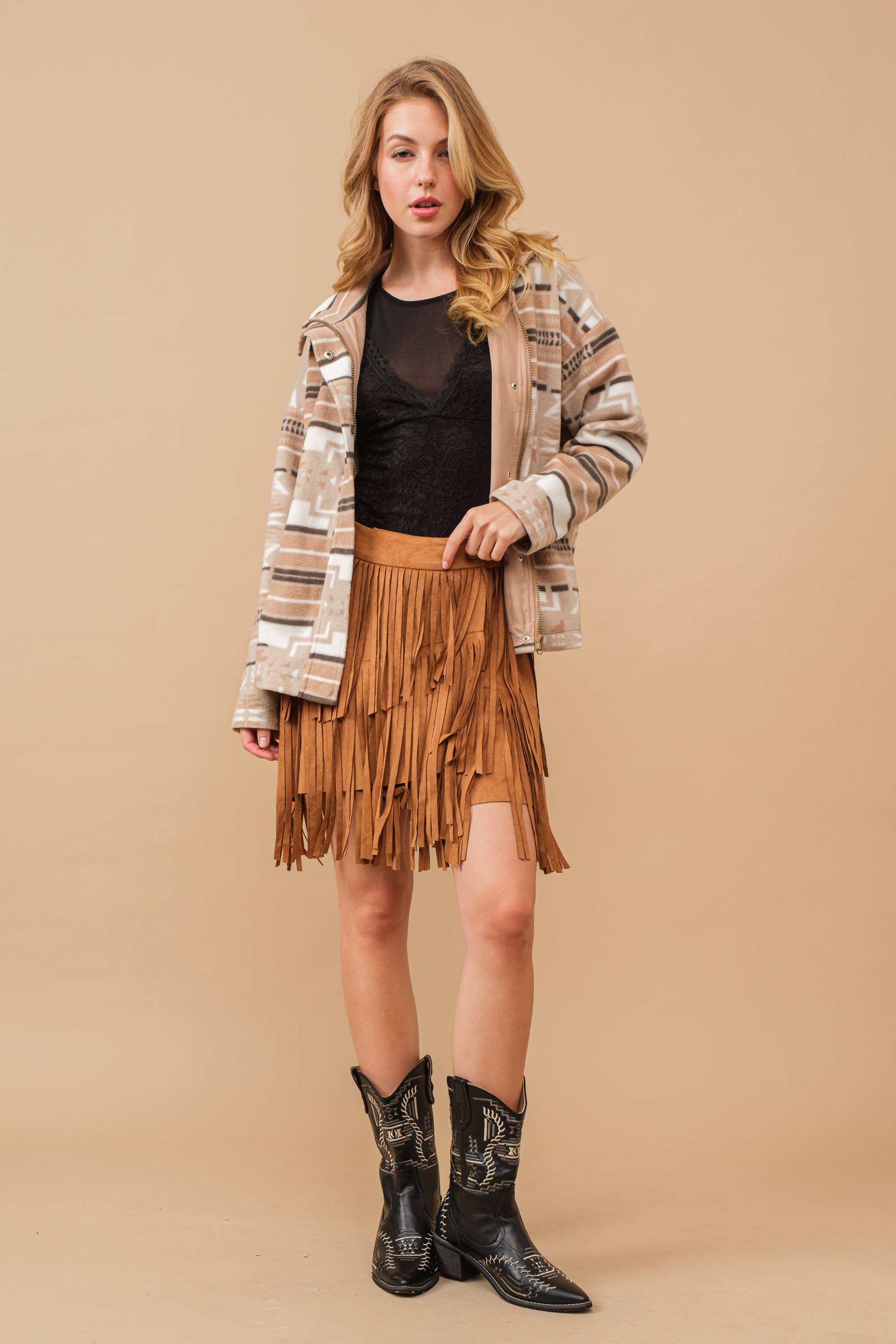 TAN 12135S-N - Faux Suede Wrap Snap Closure Fringe Western Skirt for wholesale on Faire6