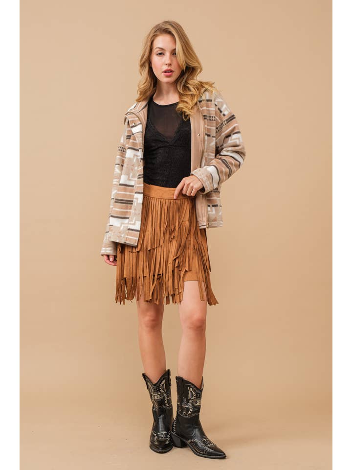 TAN 12135S-N - Faux Suede Wrap Snap Closure Fringe Western Skirt for wholesale on Faire6