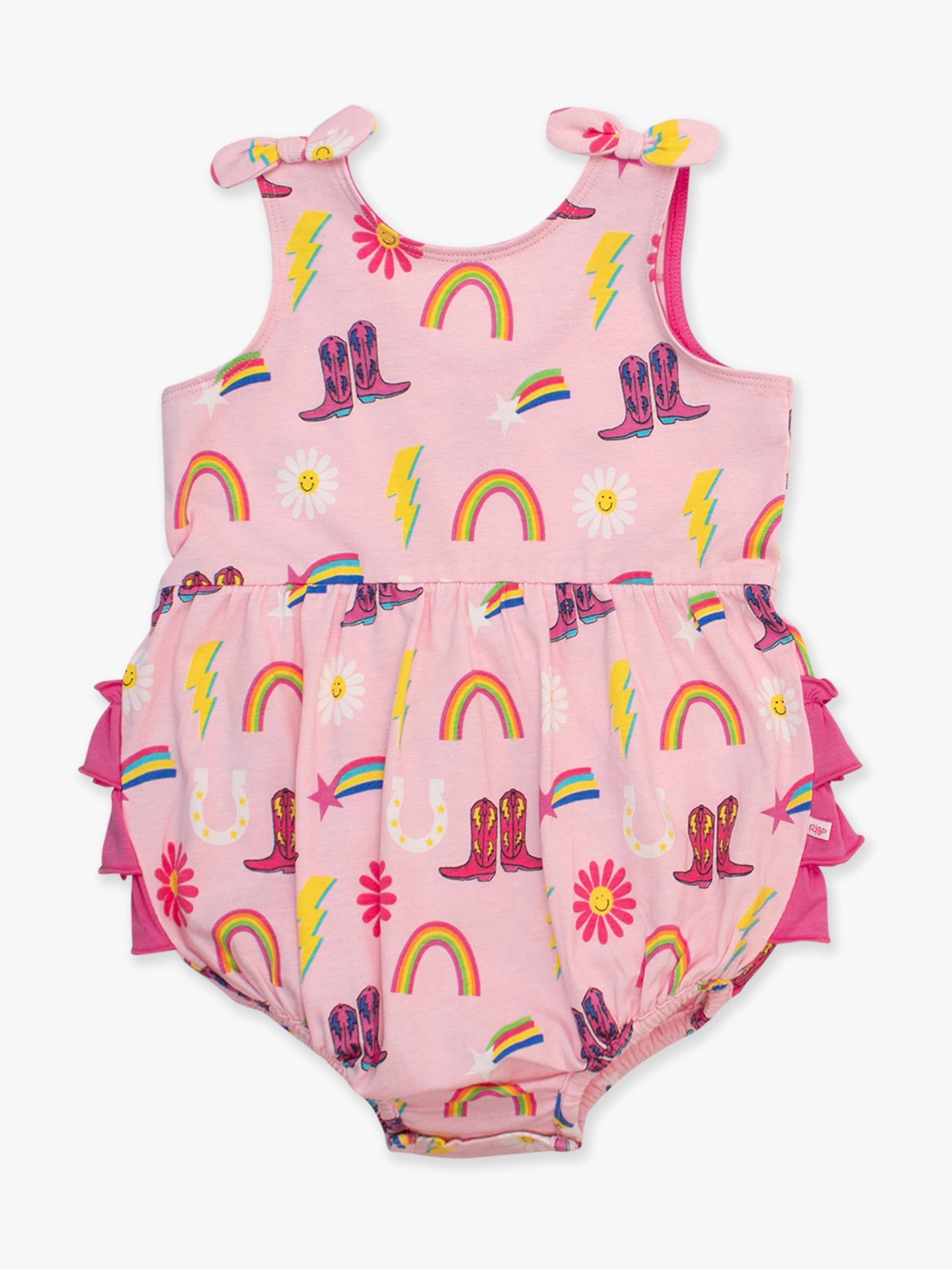 Pink Baby Girls Cowgirl Cutie Knit Tie Shoulder Bubble Romper for wholesale on Faire3