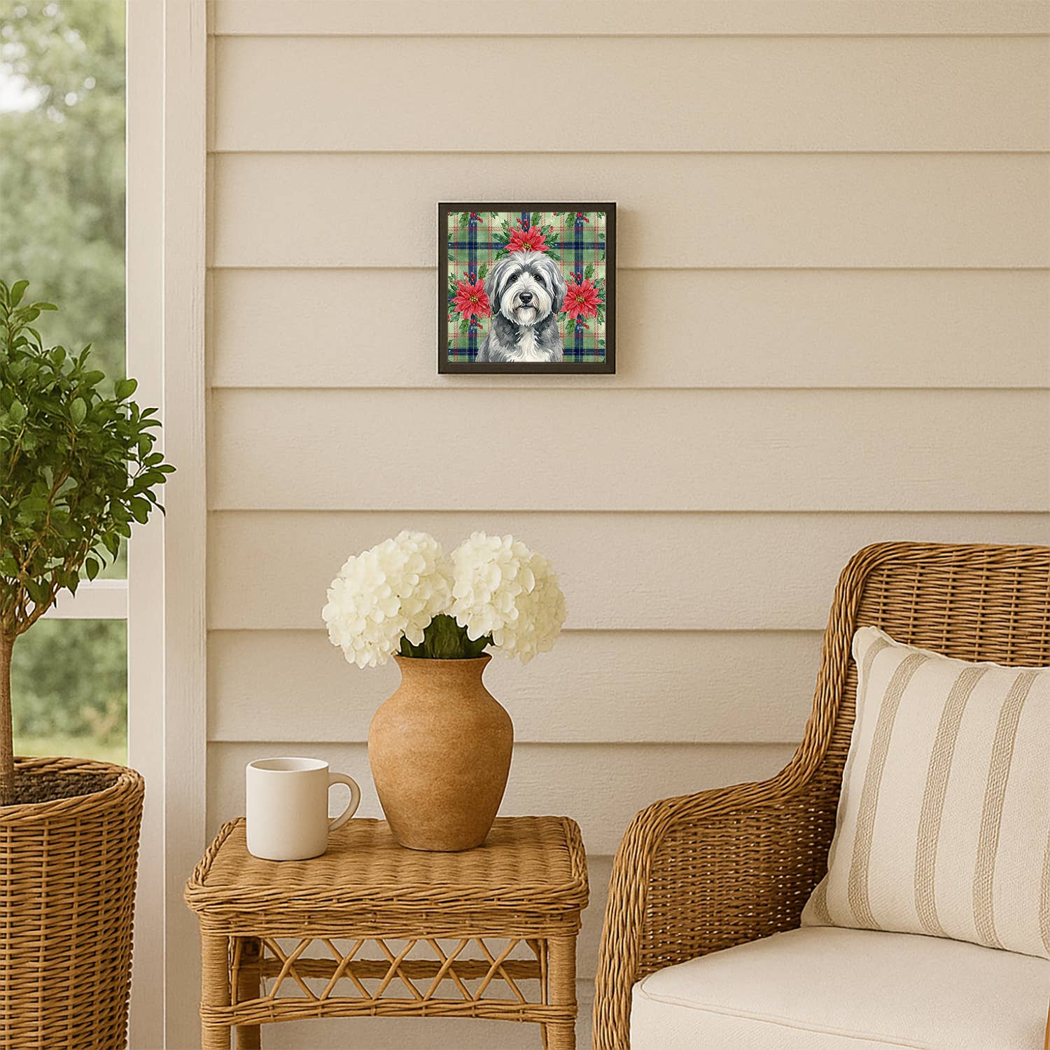 Caroline's Treasures - Vente Affiche d'art - Vieux chien de berger anglais gris et blanc avec poinsettias de Noël3