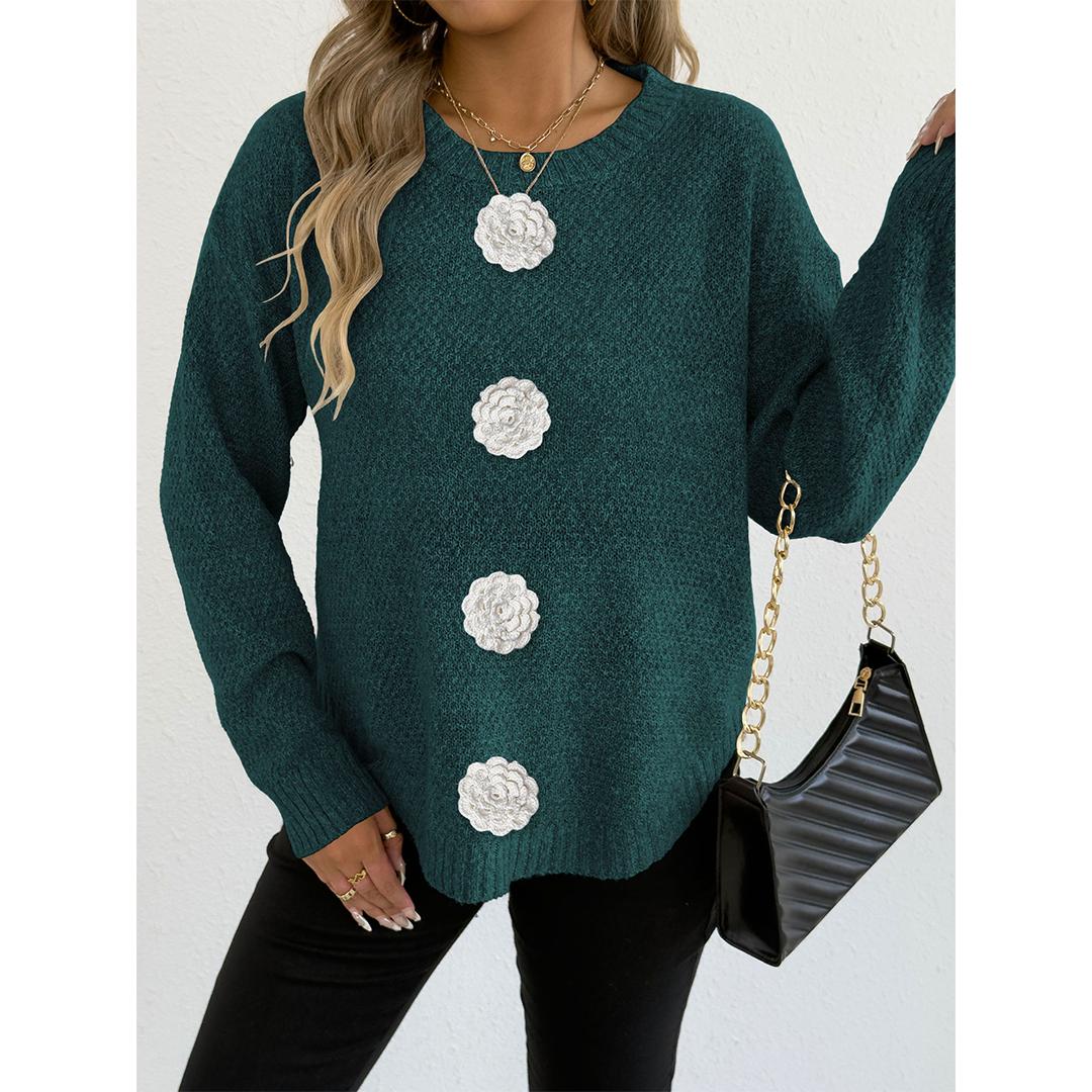 UNISHE - Wholesale Knit Sweater - Women's - Casual Button Crochet Floral Decor Pullover Sweater OYM24512