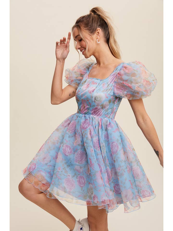 Listicle - Wholesale Dress - Women's - Floral Puff Sleeve Organza Mini Dress5
