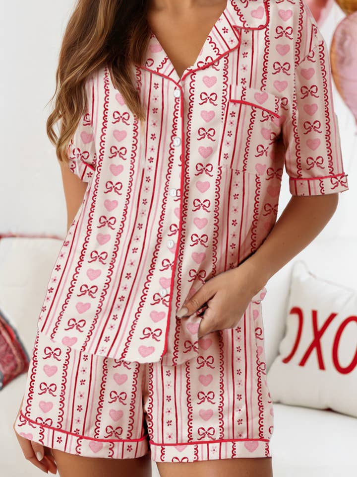 Valentine Bow Heart Print Ribbon Decor Short 2pcs Pajama Set for wholesale by fashionworks