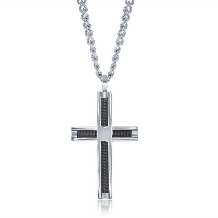 Stainless Steel Polished and Black Wire Cross Necklace for wholesale by Metallo