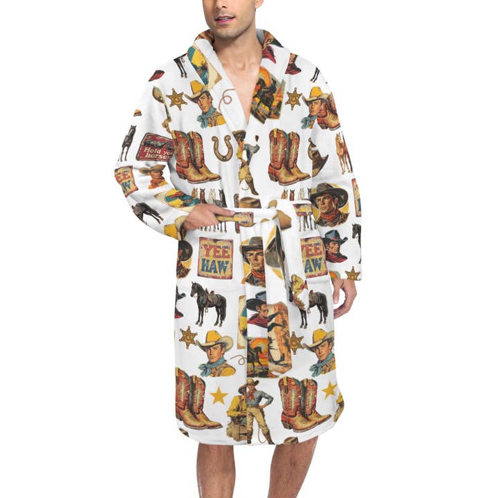 Cowboy Collage Western Men's Bath Robe for wholesale by BAHA RANCH WESTERN WEAR