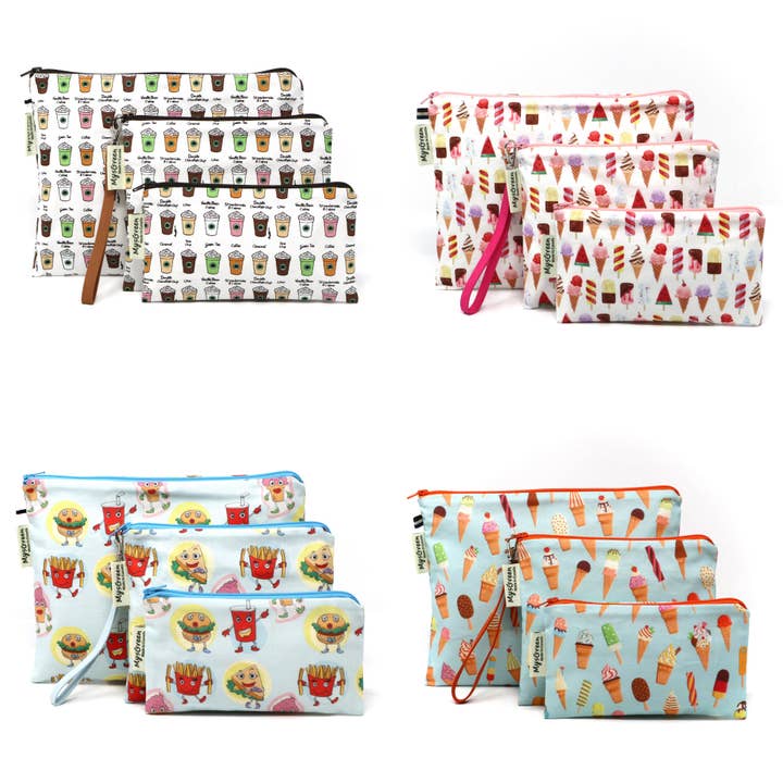 Coffee Ice Cream Fast Food Print Reusable Zipper Pouch Sets for wholesale by MYSGREEN