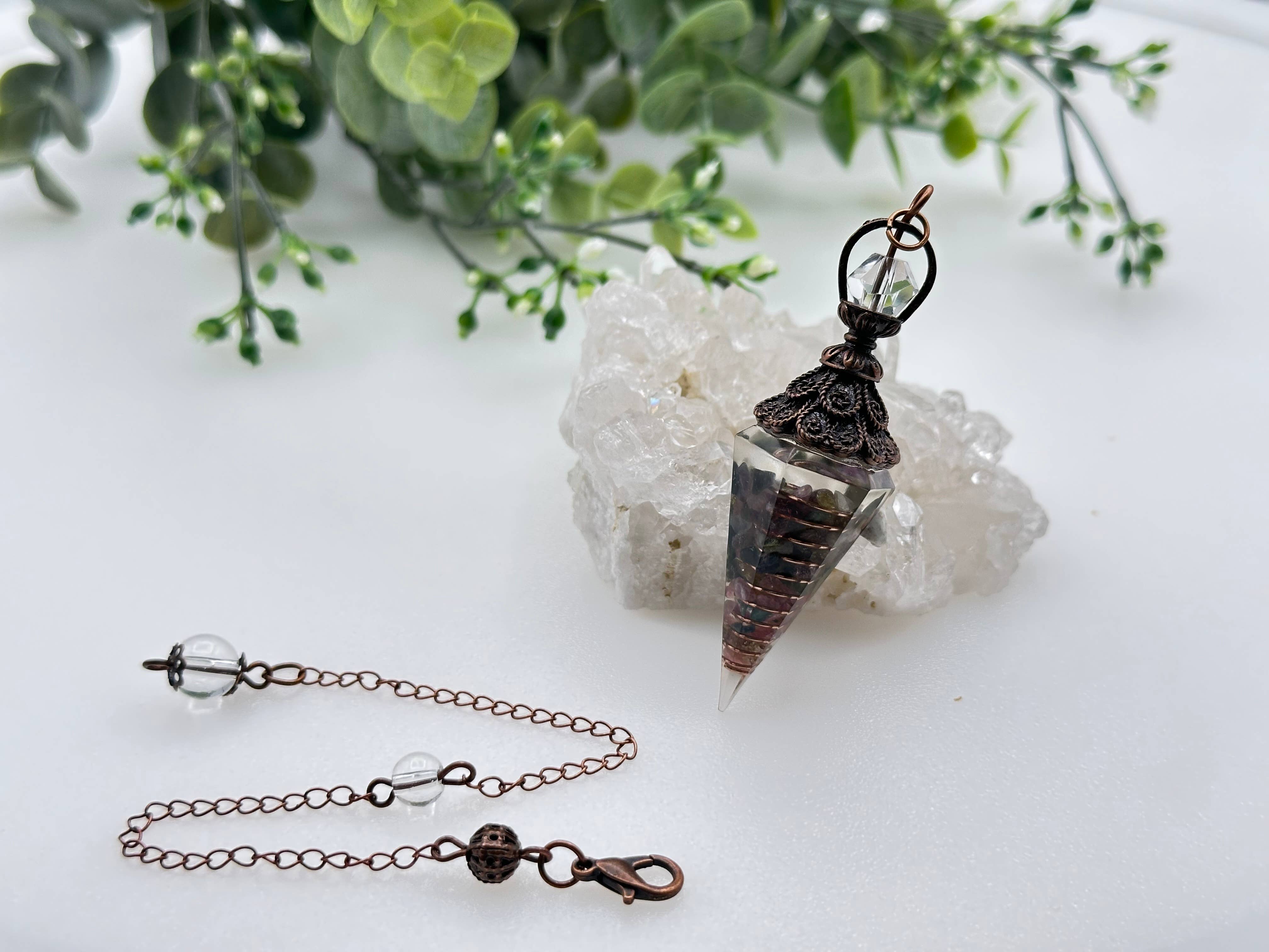 Meraki Gemstones - Wholesale Pendulum Board - Watermelon Tourmaline Chips w/ Copper in Resin Pendulum1