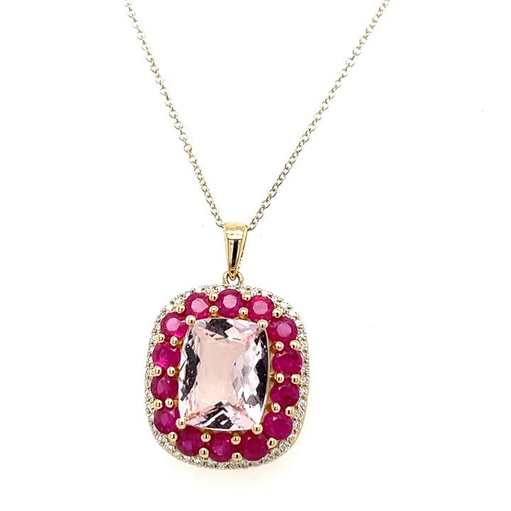 14K Yellow Gold Necklace with Cushion-Cut Aqua Stone – 3.2 Carats with Pink Morganite Plating (PJC34163P) for wholesale by Blue Star Gems NY