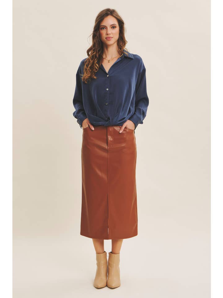 in february - Wholesale Button Down Shirt - Women's - BUTTON-DOWN KNOTTED SATIN SHIRT WITH LAPEL COLLAR