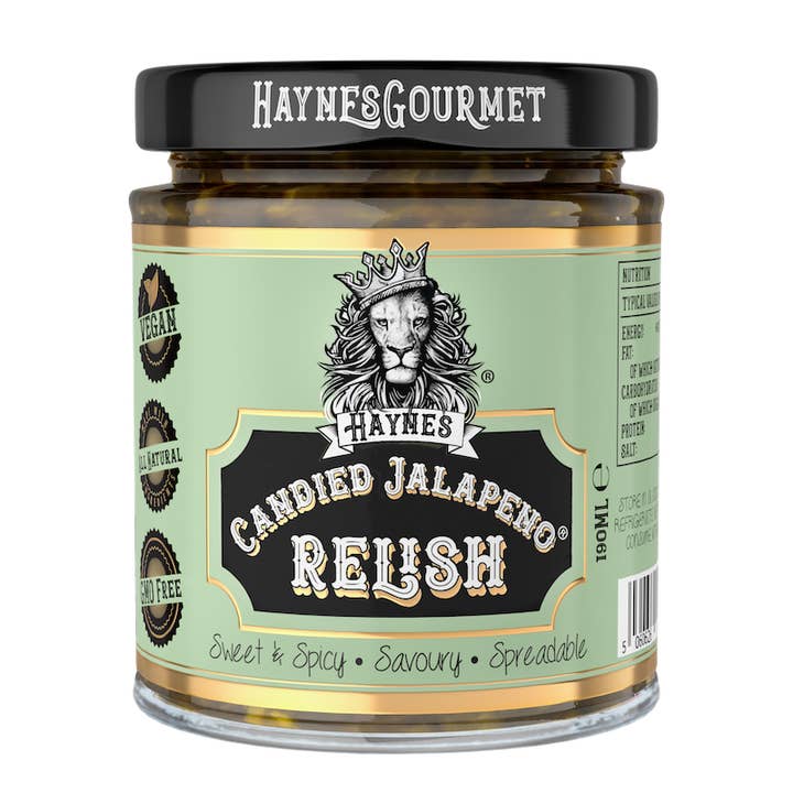 Candied Jalapeno Relish, spreadable sweet and hot sauce for wholesale by Haynes Gourmet UK