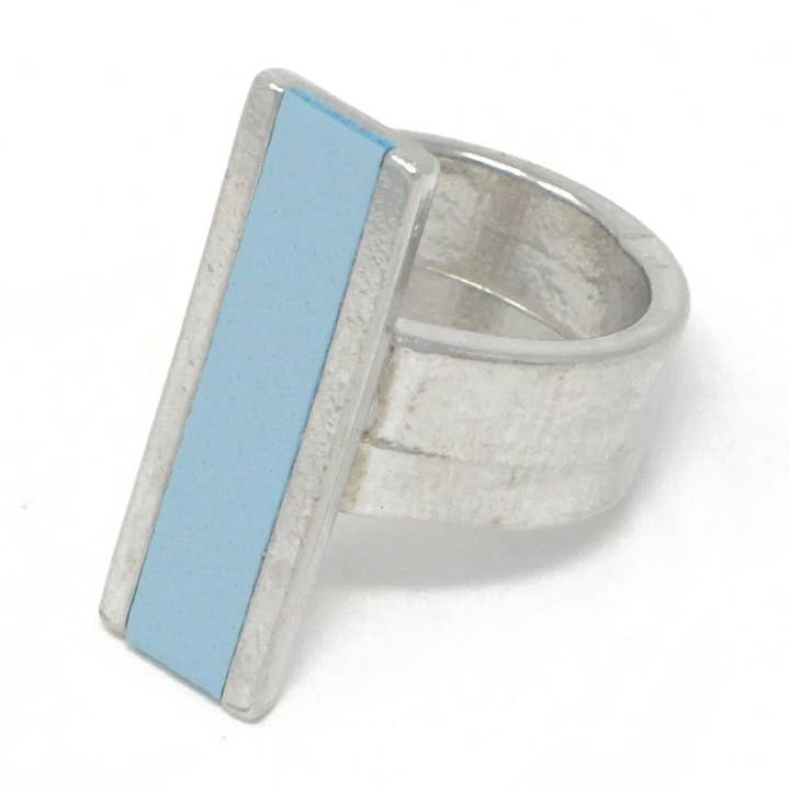 Slim Rectangle Adjustable Ring With Leather Inlay Light Blue for wholesale by Sobo & Co Jewellery