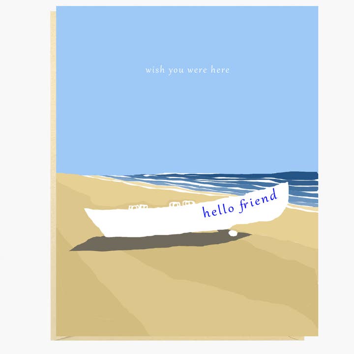 Beach Boat Hello Friend Greeting Card for wholesale by Rachelink Cards & Illustrations