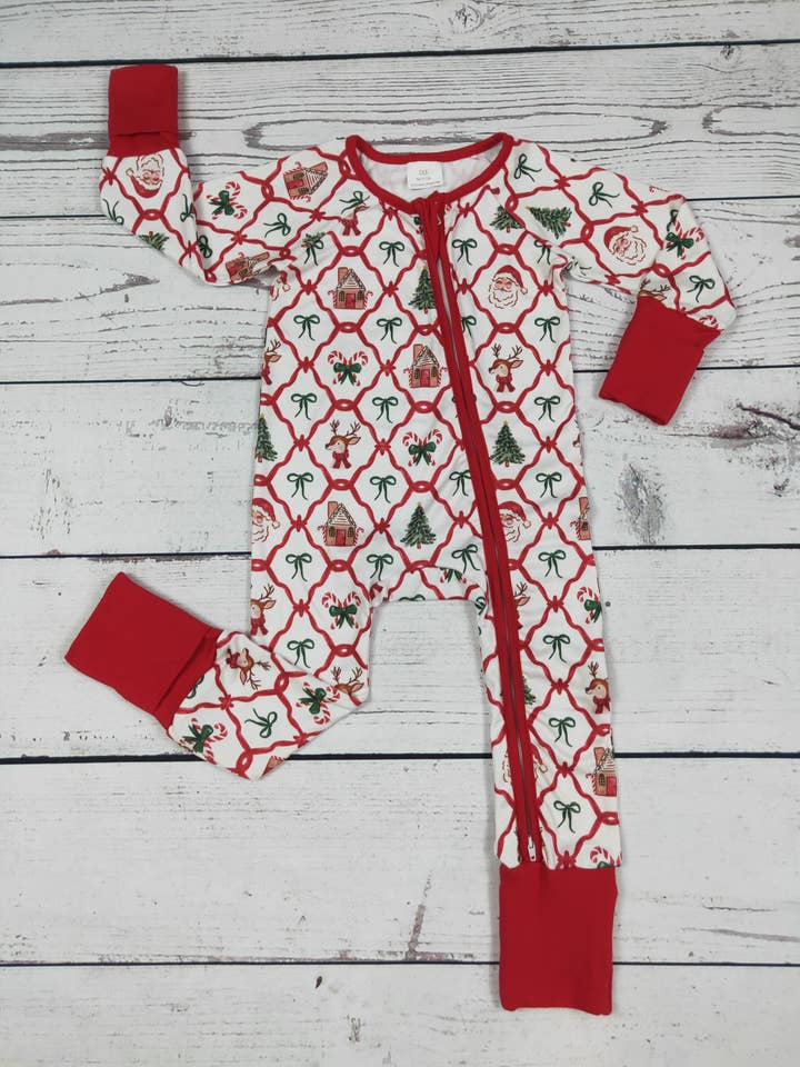 Pijama de Navidad con lazo estampado de bebé Santa Claus para venta al por mayor de sassy kids palace