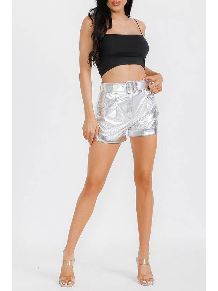 ROUSSEAU - Wholesale Shorts - Women's - BUTTON CLOSURE BELTED FRONT POCKETS METALLIC SHORT12