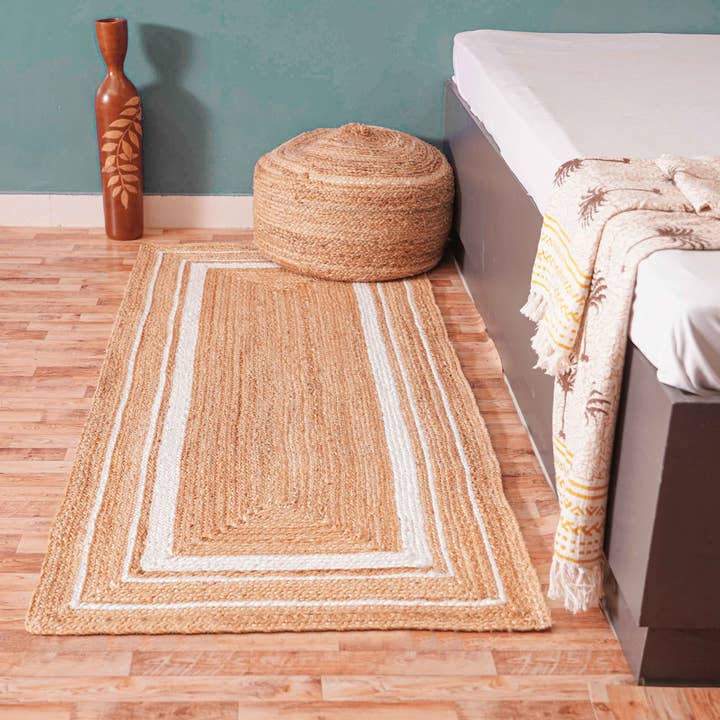 Beige Color Runner Jute Rug With White Triple Line Border for wholesale by Chouhan Rugs