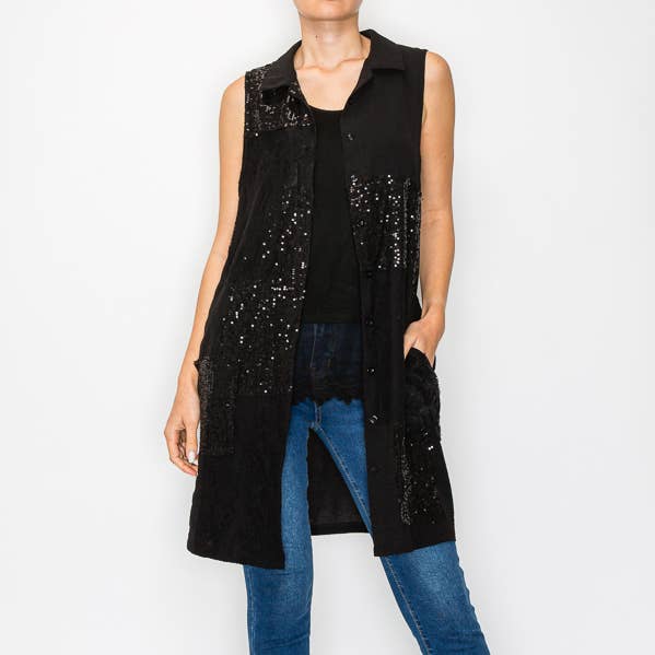 Gilet Tunique à Boutons avec Détails en Dentelle et Sequins - OLS-4756NOIR pour la vente par Origami Apparel ~ Lace and Crochet inspired