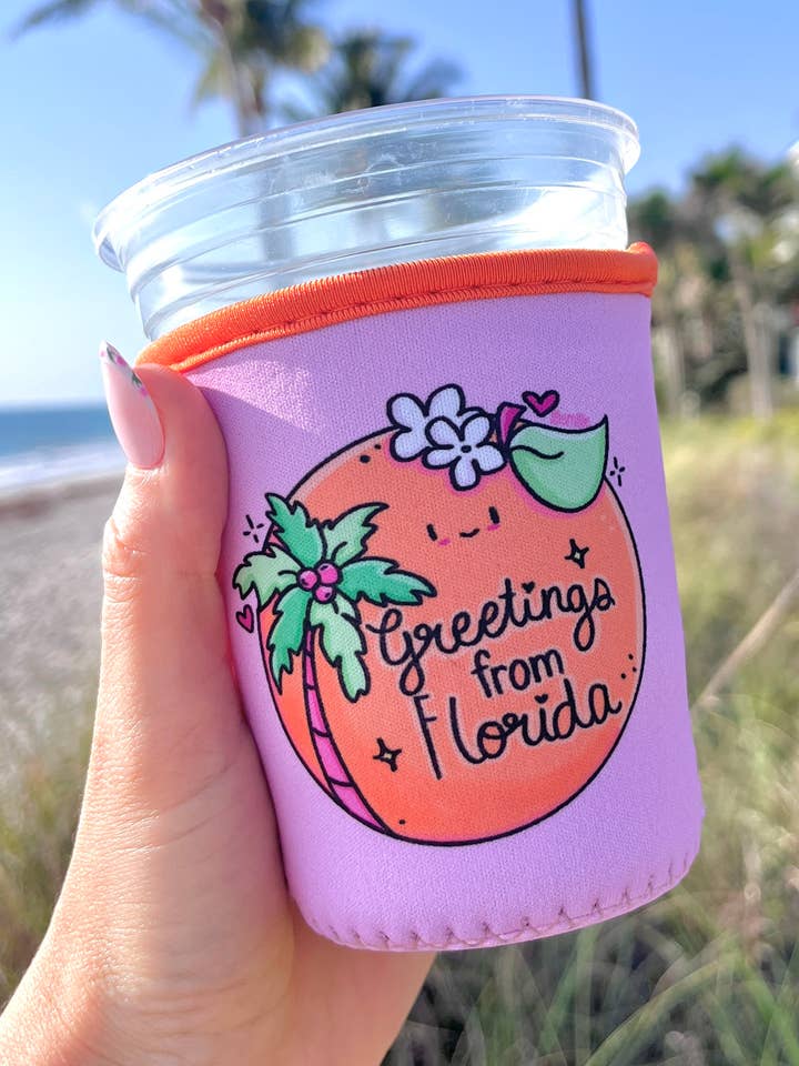 Greetings from Florida Iced Coffee Sleeve- 16oz Drink Coozie for wholesale by Illie Millie Designs
